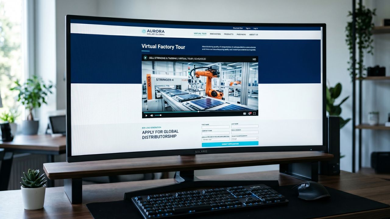 Solar manufacturing website with virtual factory tour video and distributor application form