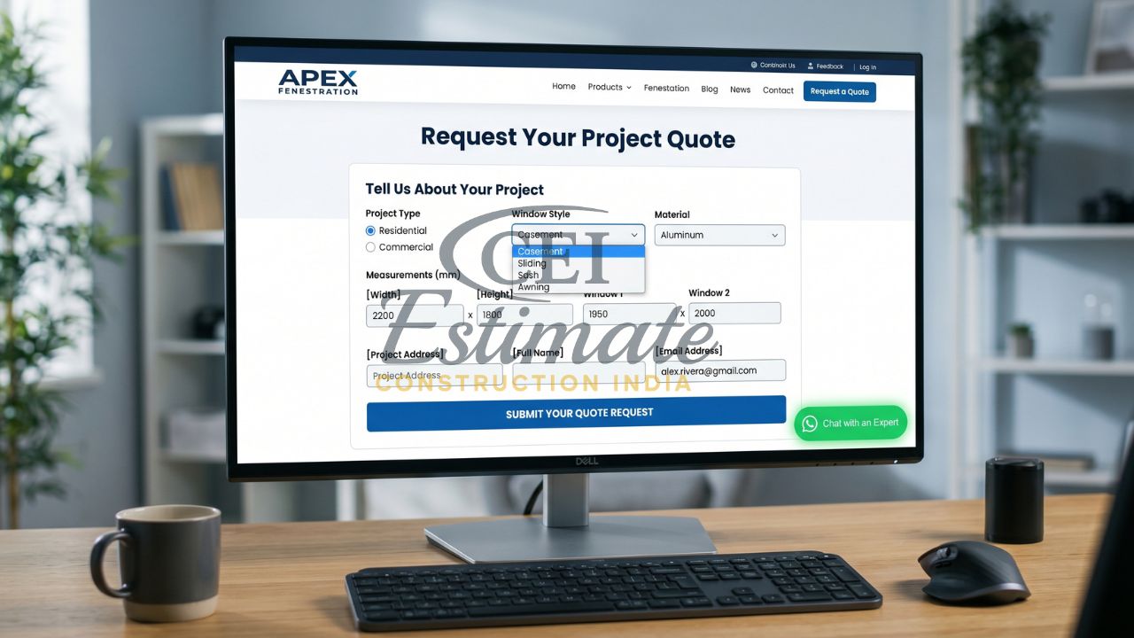 Windows and doors website quote request form with project details, measurements, and material selection