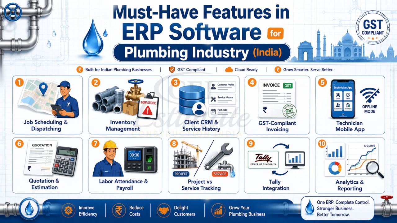ERP software features plumbing industry India job scheduling inventory CRM GST billing mobile app analytics construction ERP