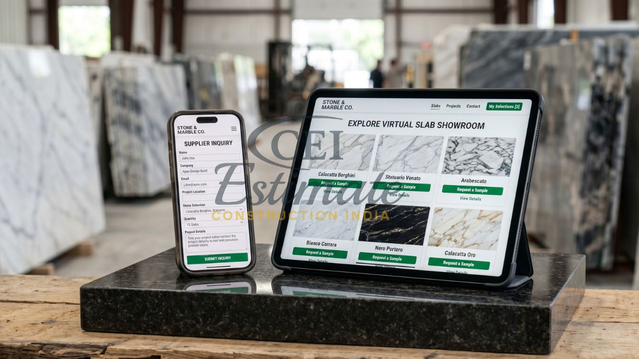 Marble supplier website design with virtual slab showroom and supplier inquiry form on mobile and tablet