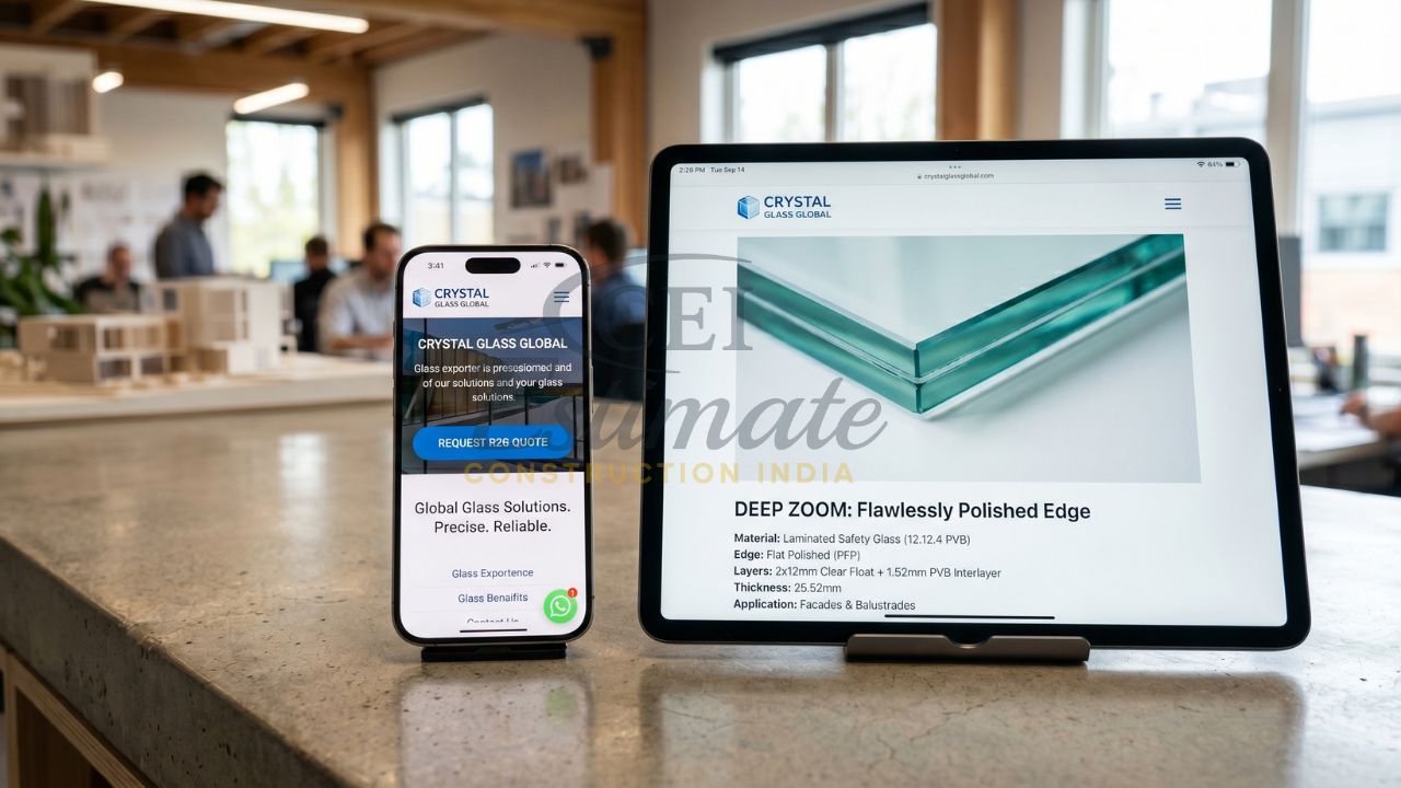 Responsive glass manufacturing website displayed on mobile and tablet showing product details and quote request option
