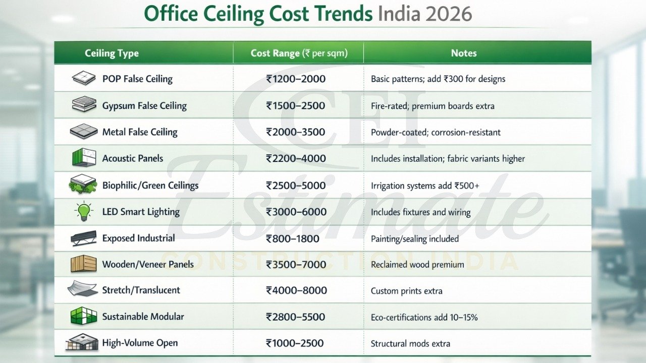 Office ceiling design costs India 2026 infographic by Construction Estimator India