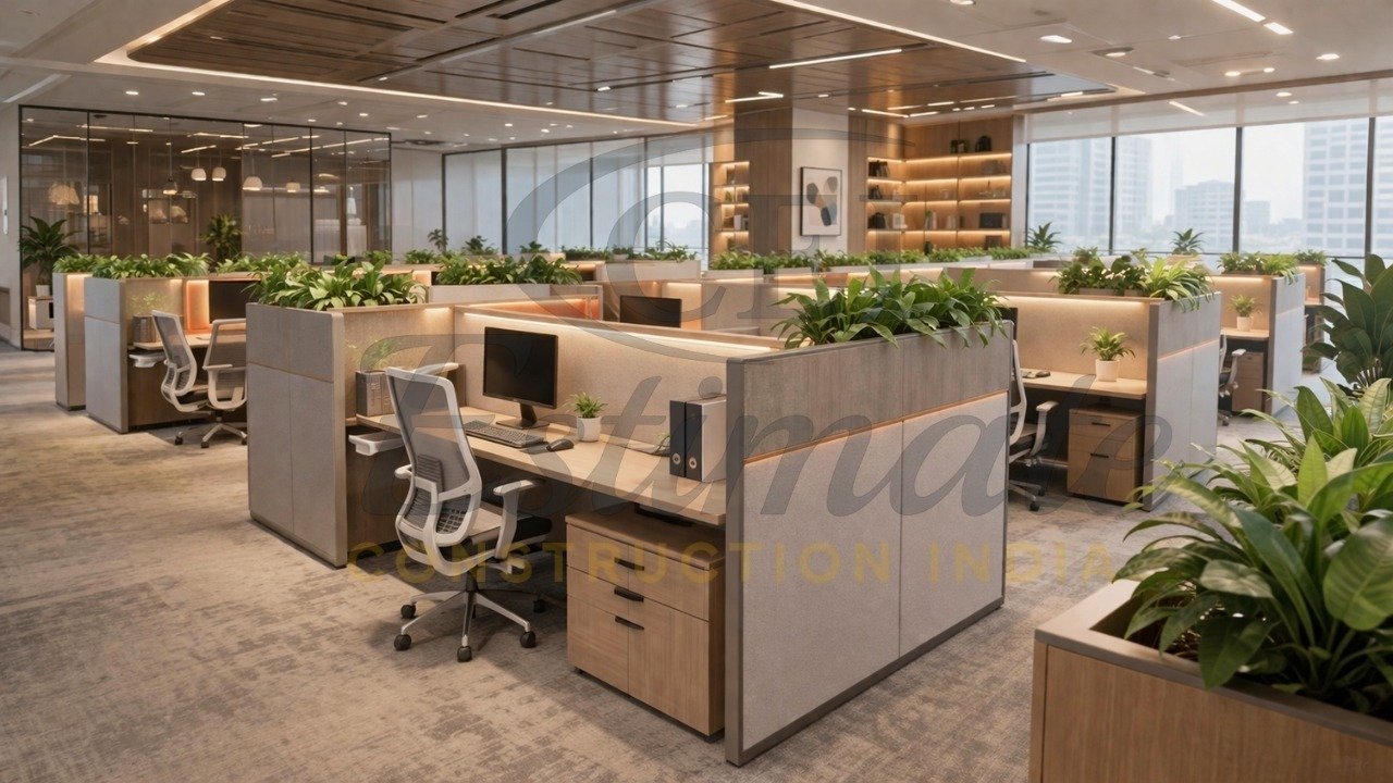 Modern semi-private cubicles India 2026 ergonomic acoustic office design trends