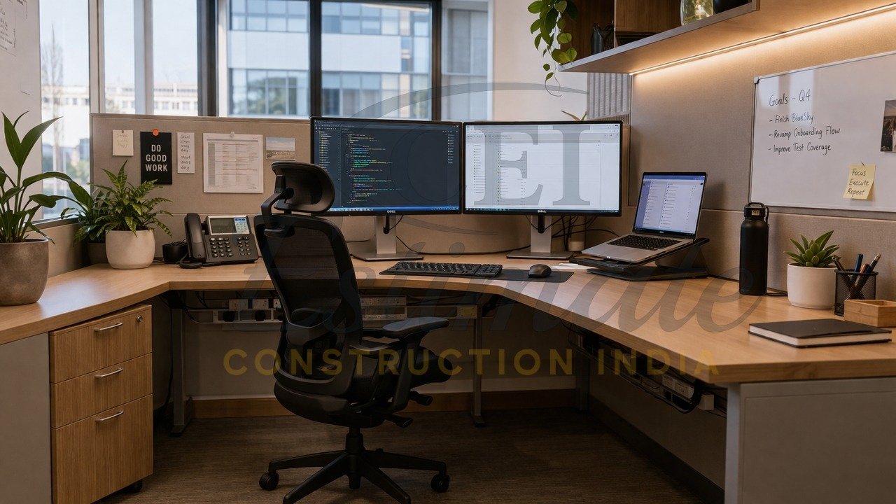 Key elements of effective office cubicle design India 2026 layout materials lighting ergonomics