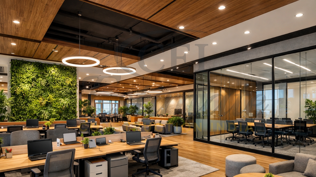 Modern hybrid office interior design in India 2026 featuring flexible workspaces and green walls by Construction Estimator India