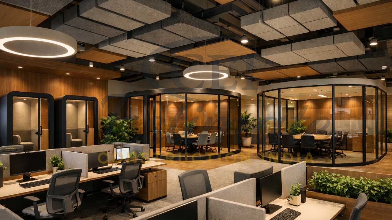 Advanced acoustic design office interiors India 2026 soundproof booths Construction Estimator India