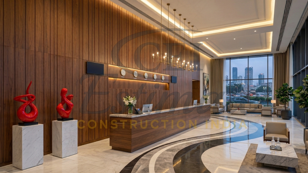 Luxury minimalist Mumbai office reception fluted glass 2026