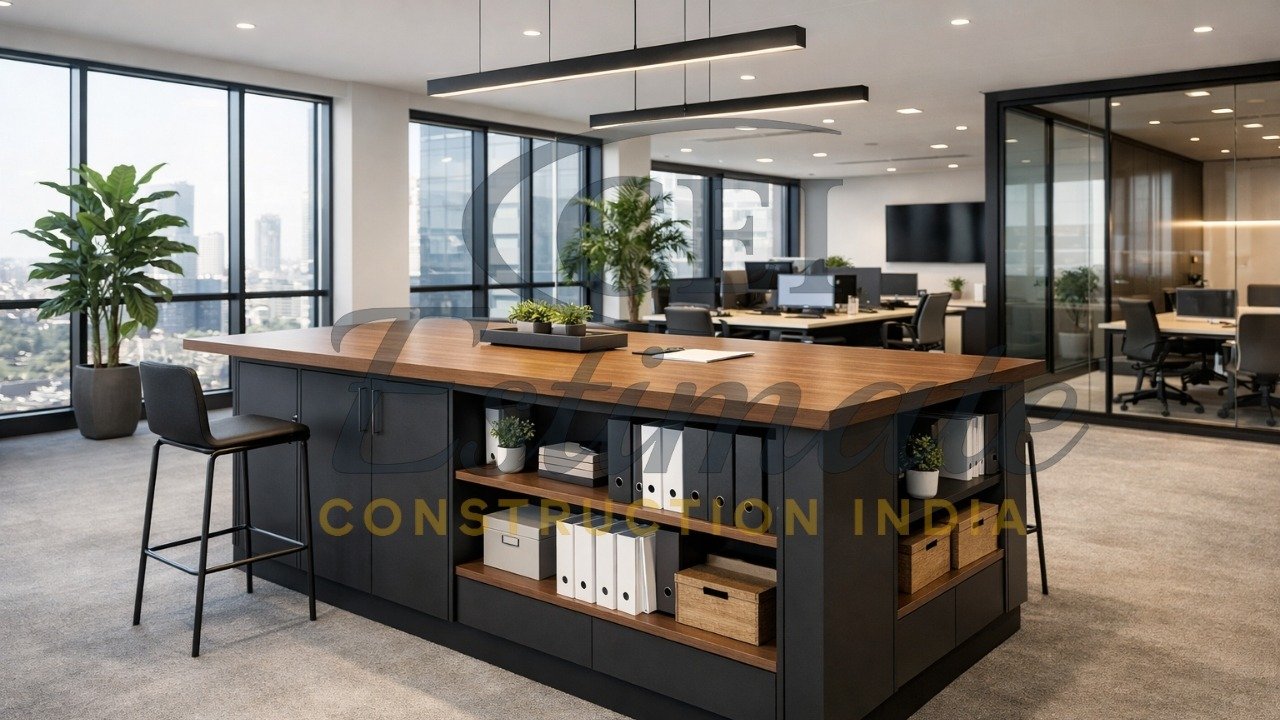 Collaborative team storage island used as a standing meeting table