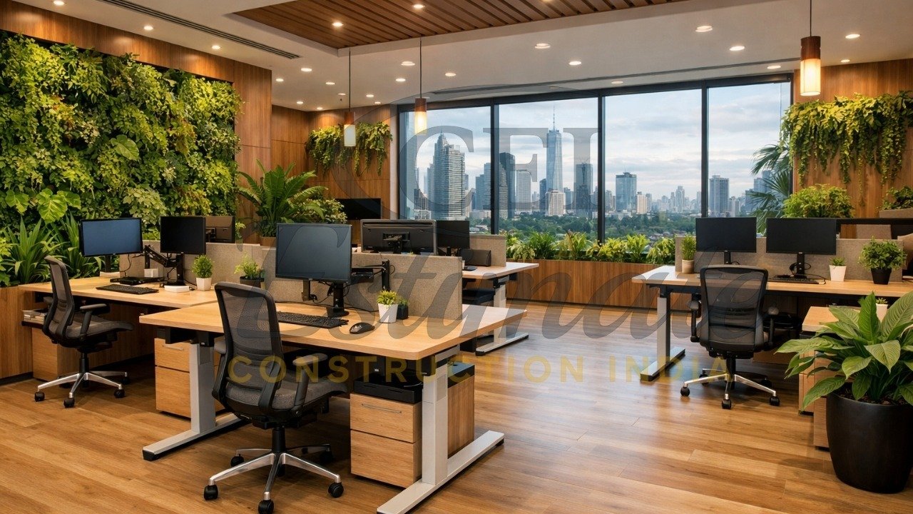 Modern Indian office with ergonomic sit-stand desks and biophilic elements