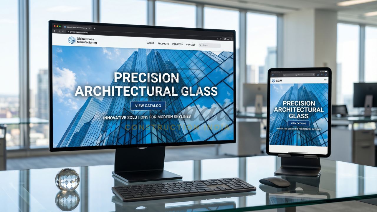 Architectural glass manufacturing website design displayed on desktop and tablet with modern responsive layout