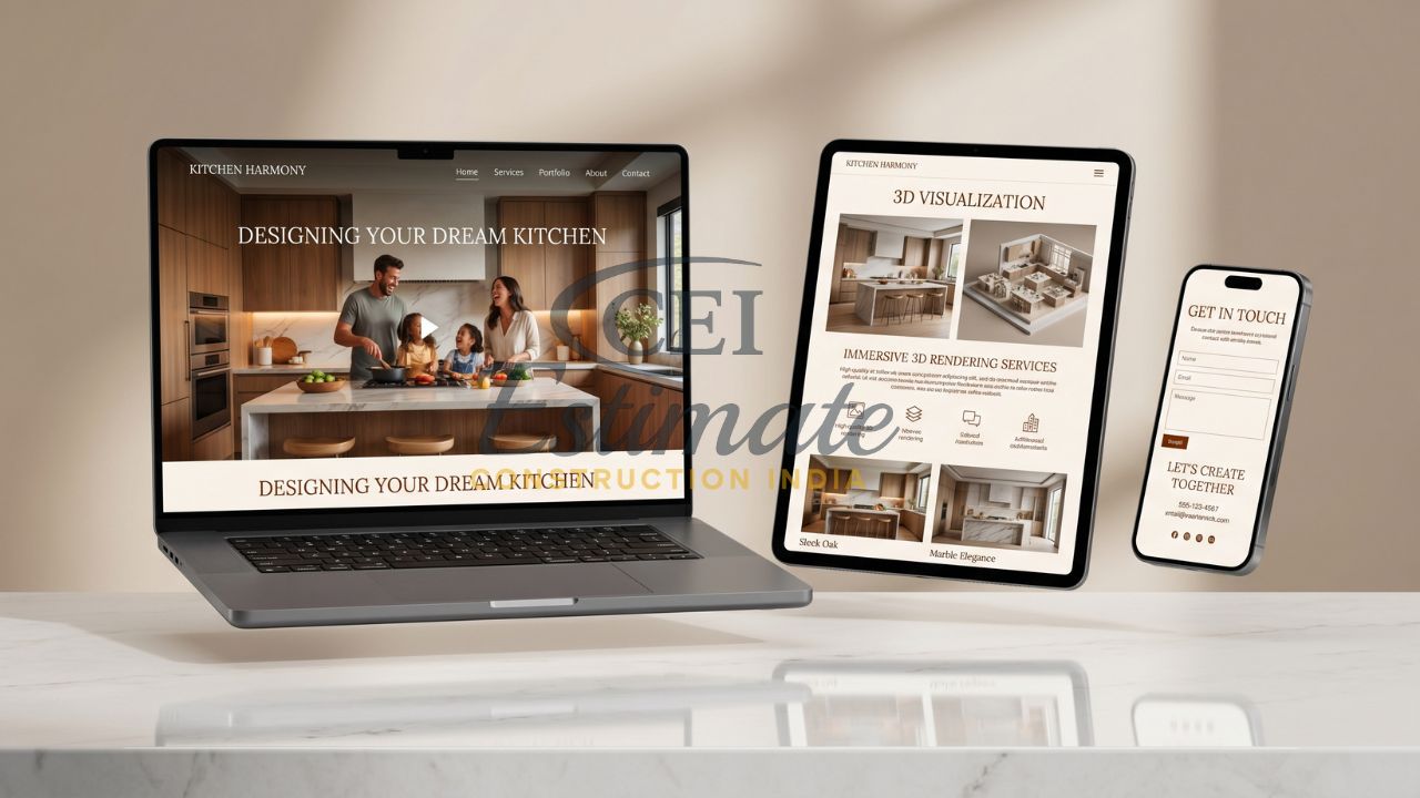 Kitchen remodeling website design with 3D visualization services displayed on laptop, tablet, and mobile devices