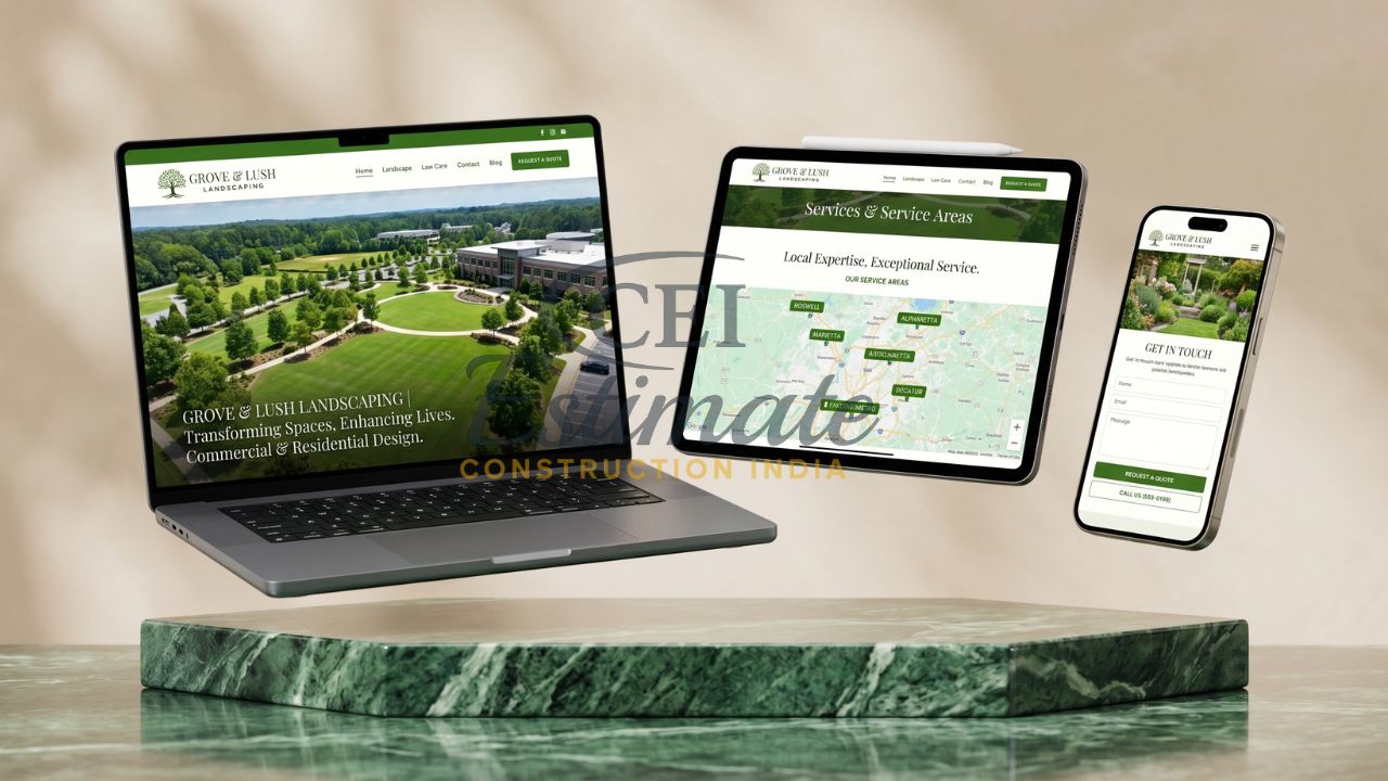 Landscaping company website design displayed on laptop tablet and mobile with service areas map and contact form