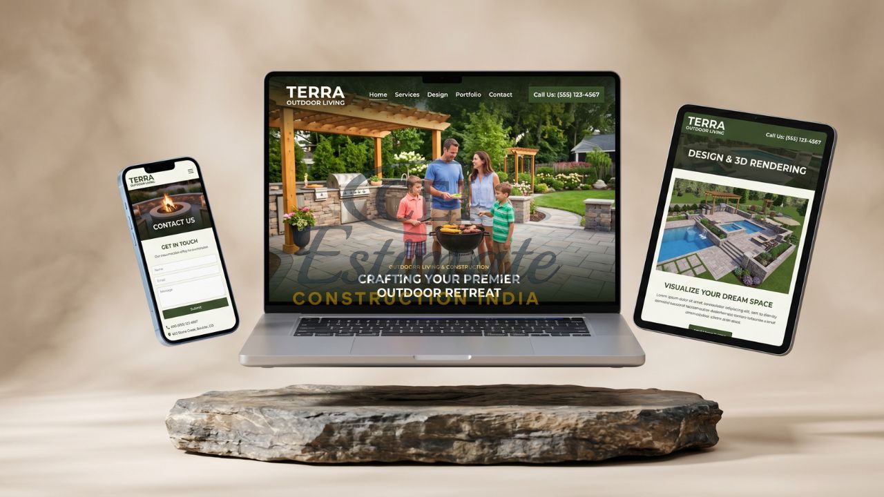 Outdoor living website design displayed on laptop, tablet, and mobile showcasing patio, 3D rendering, and contact form
