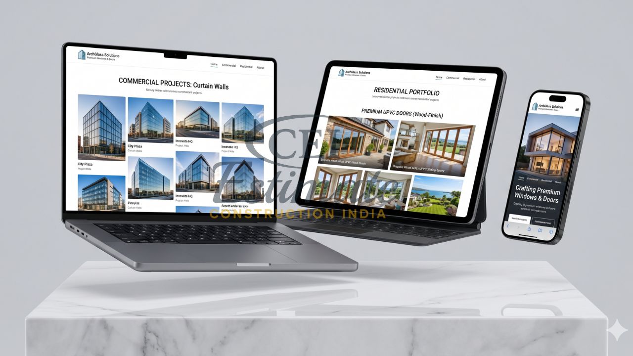 Windows and doors website portfolio showing commercial curtain wall projects and residential designs on multiple devices