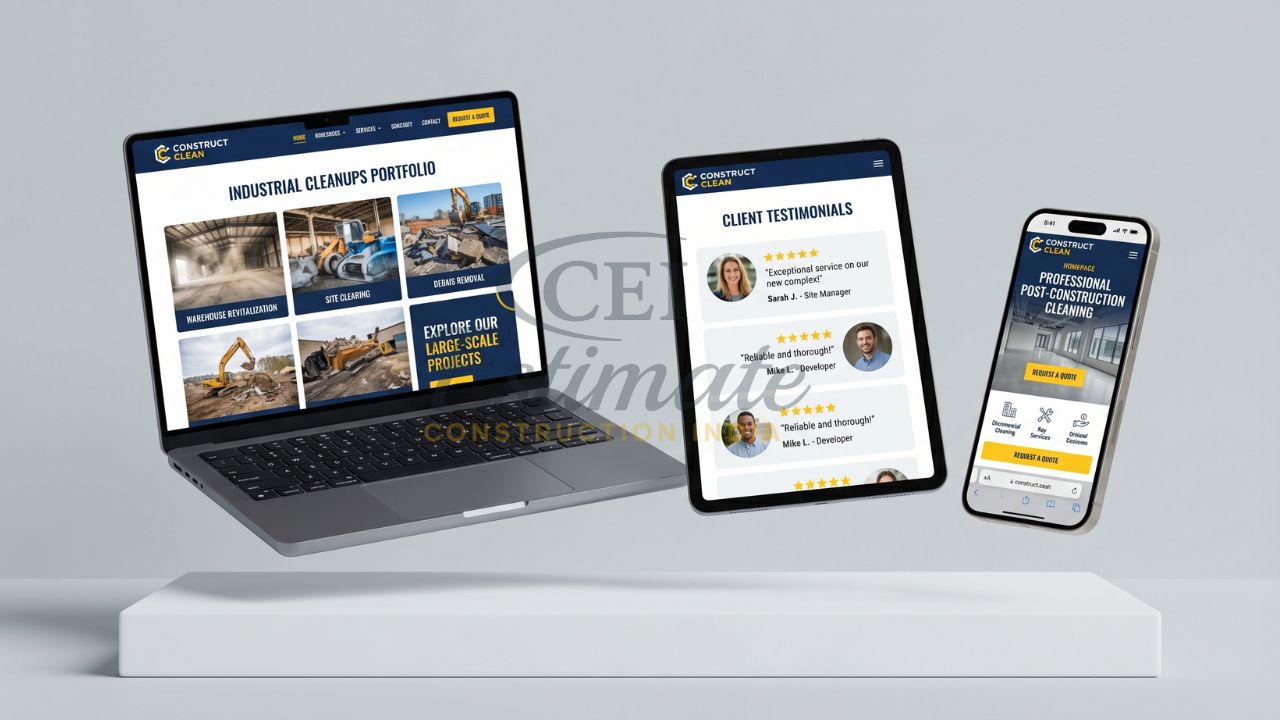 Responsive construction cleaning website design showing portfolio, client testimonials, and mobile homepage across devices