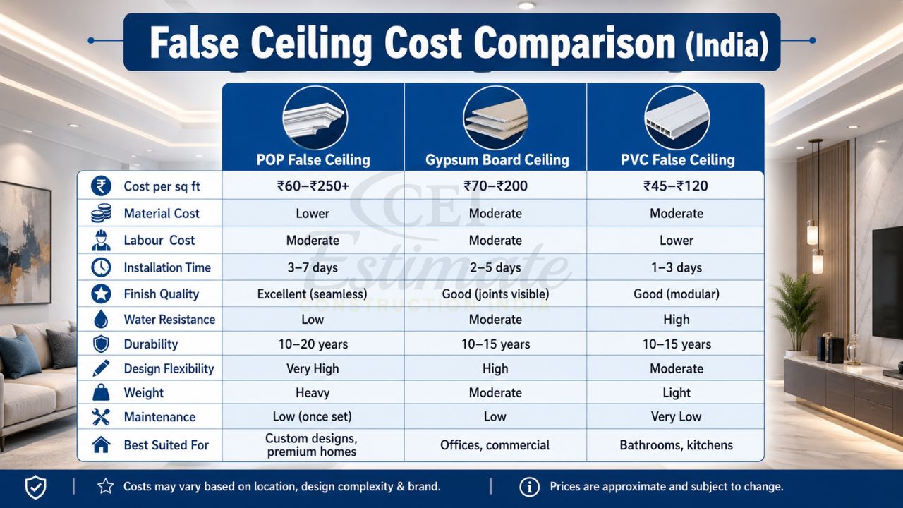 False ceiling cost comparison chart in India showing POP, gypsum board, and PVC ceiling prices, features, durability, and installation details