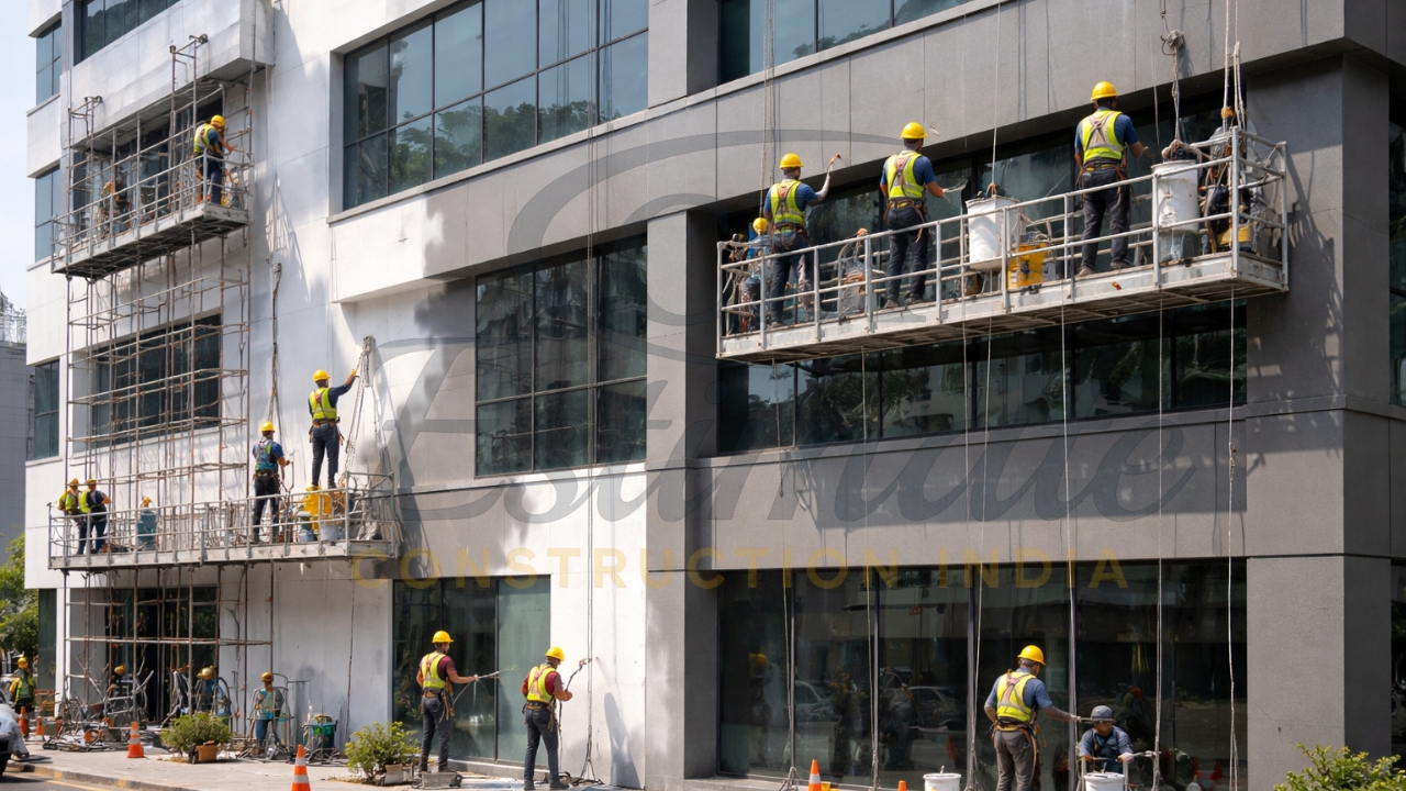 Exterior wall painting project with workers, tools, and safety equipment on site