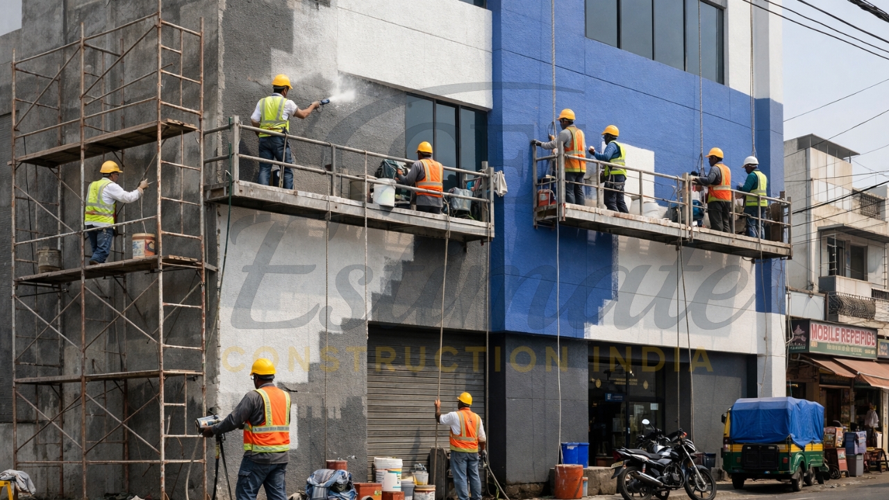 Exterior commercial painting project with workers applying paint on walls