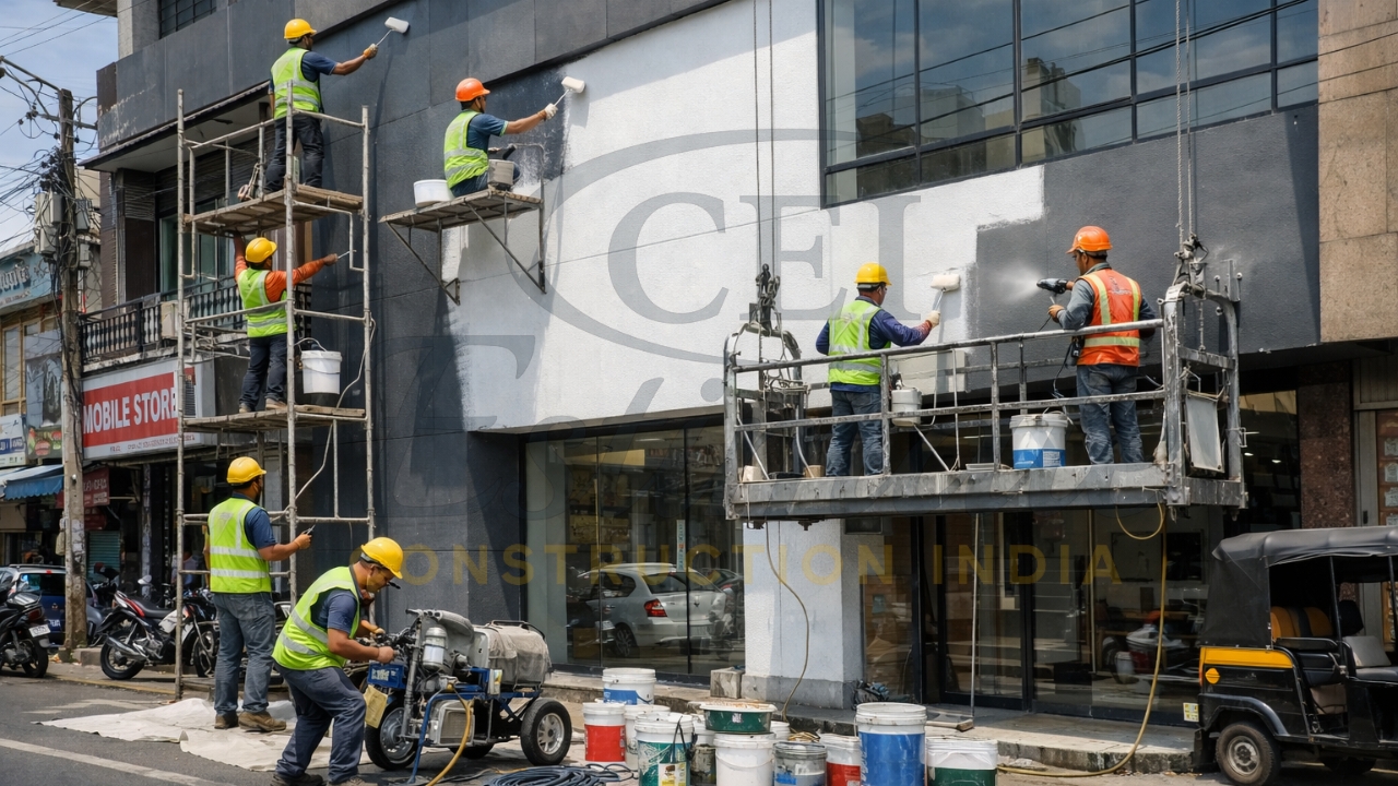 Exterior building painting work with workers on scaffolding applying white paint on facade