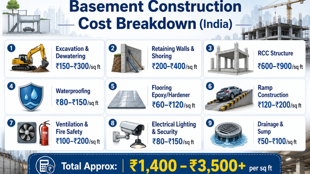 Basement construction cost breakdown in India showing excavation, RCC, waterproofing, flooring, and total cost per sq ft.