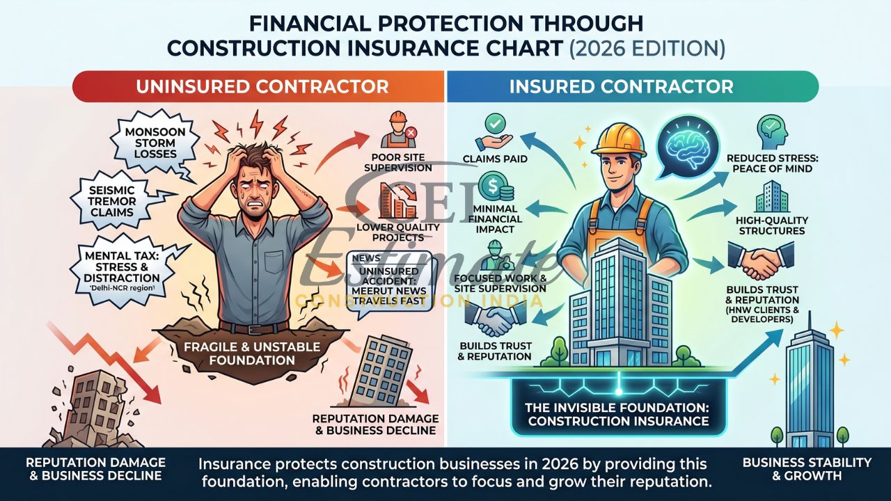 Construction insurance benefits comparison showing uninsured vs insured contractor financial protection in India