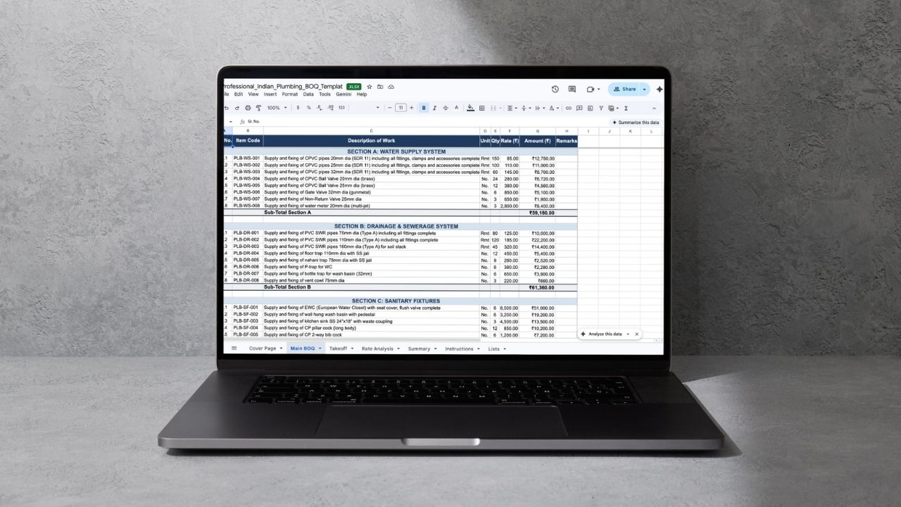 Plumbing BOQ Template Download