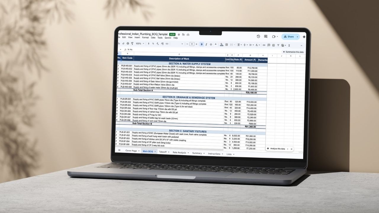 Plumbing BOQ Template Download