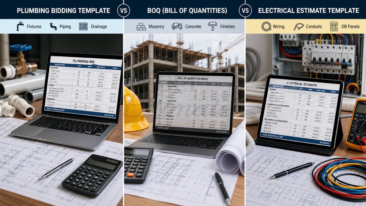 comparison of plumbing bidding template boq and electrical estimate template in construction with cost sheets and quantity calculations