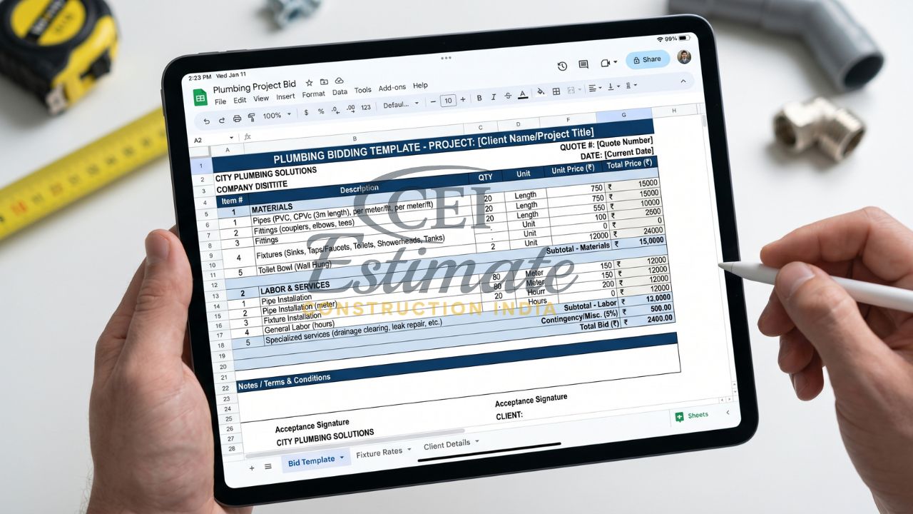 plumbing bidding template India pipes fittings labor cost estimate BOQ sheet