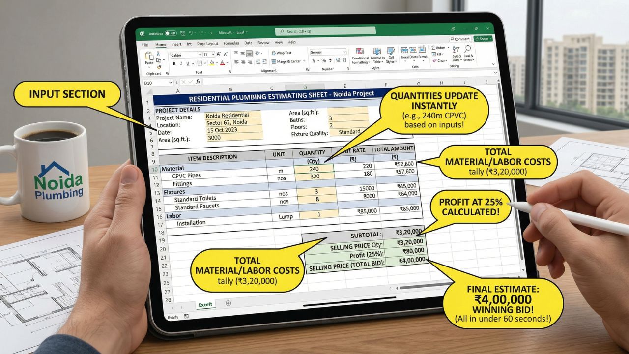 Residential plumbing estimation Excel sheet on tablet showing input section, auto quantity updates, material and labor costs, and final estimate with profit margin