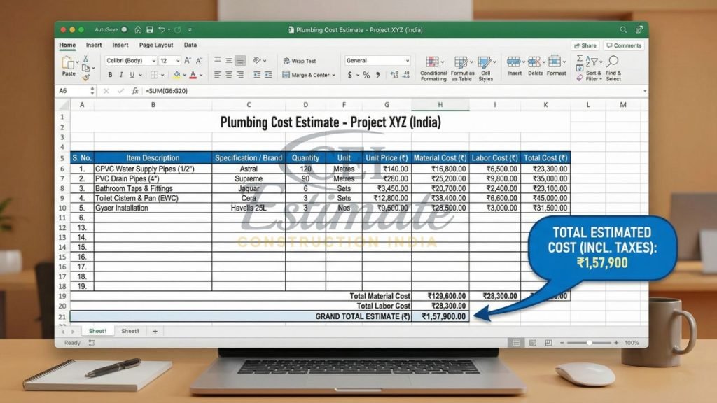 Plumbing cost estimate Excel template showing CPVC pipes, fittings, material cost, labor cost, and total estimated project cost in India