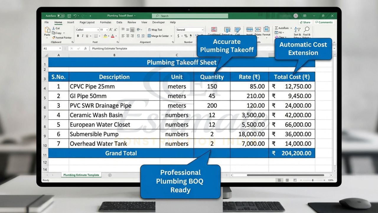 Detailed plumbing takeoff sheet excel template showing pipes, sanitary fixtures and automatic cost calculation