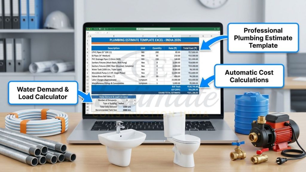 Professional plumbing estimate template excel for residential and commercial projects with automatic calculations and GST