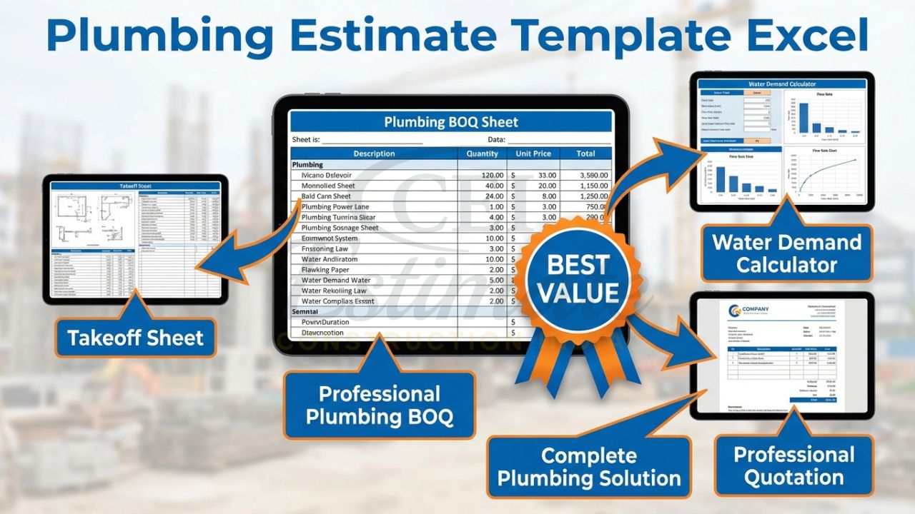 Complete plumbing estimate template bundle with BOQ, takeoff, water demand calculator and quotation for Indian contractors