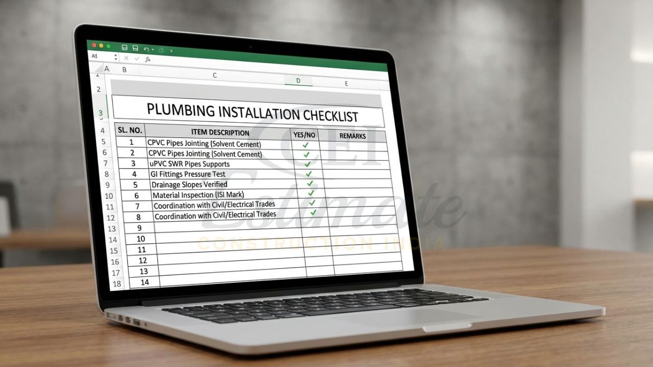 Professional plumbing checklist templates displayed on computer screen for Indian contractors