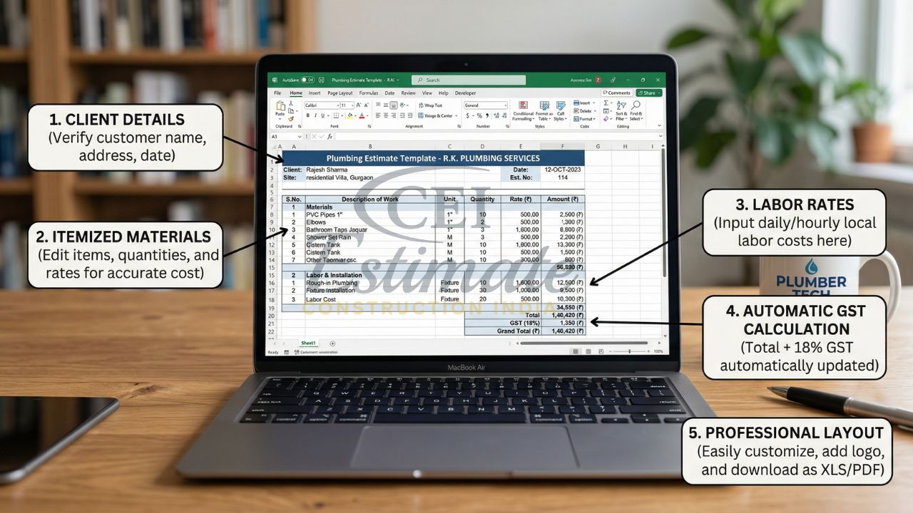 plumbing estimate excel template india client details material cost labor gst auto calculation
