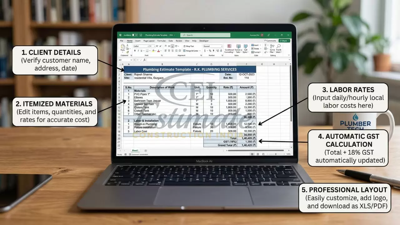 plumbing estimate excel template india client details material cost labor gst auto calculation