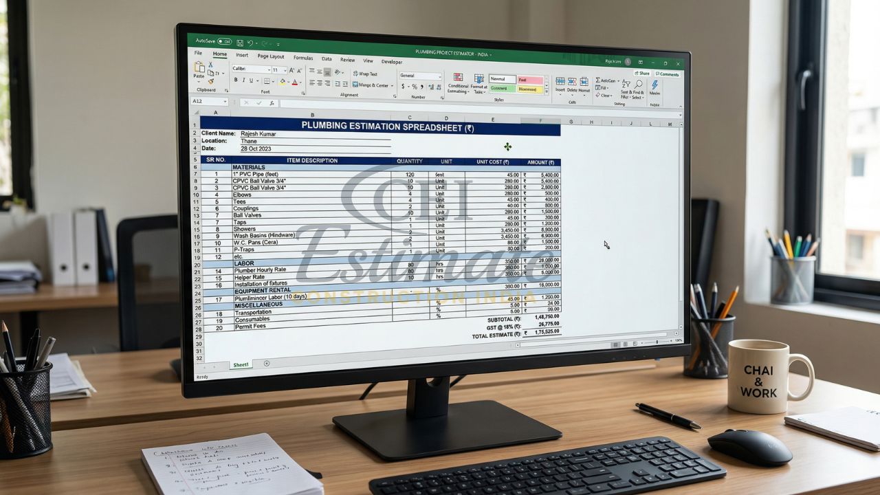 Plumbing estimation spreadsheet in Excel showing material list, unit cost, labor charges, GST, and total project estimate on desktop monitor