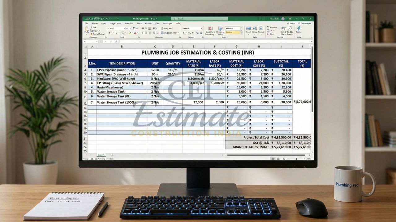 Plumbing job estimation and costing Excel spreadsheet showing BOQ, material rates, labor cost, GST, and total project estimate on desktop screen