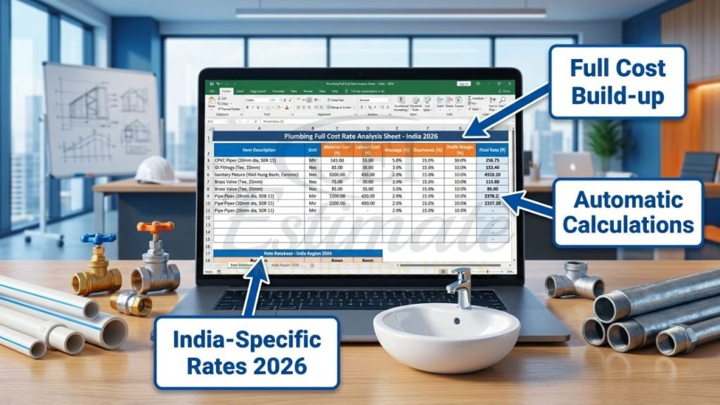Professional plumbing full cost rate analysis sheet Excel template for Indian contractors with detailed rate build-up