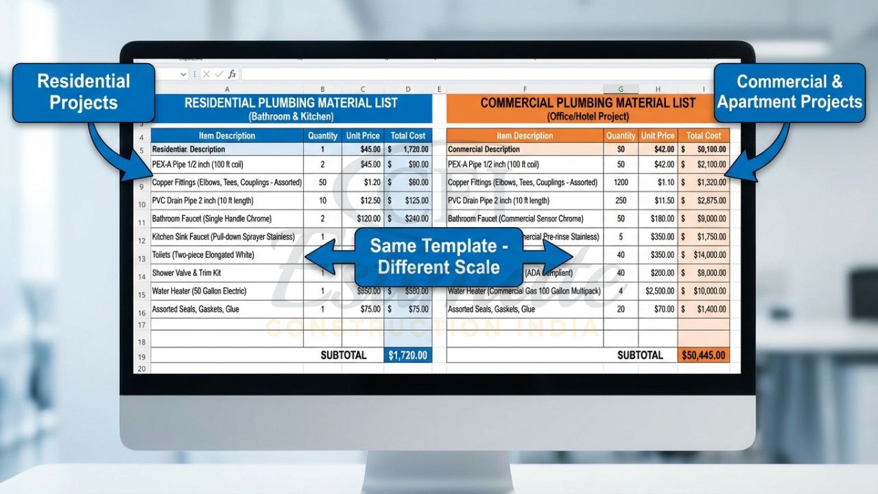 Comparison of residential and commercial plumbing material list templates in Excel