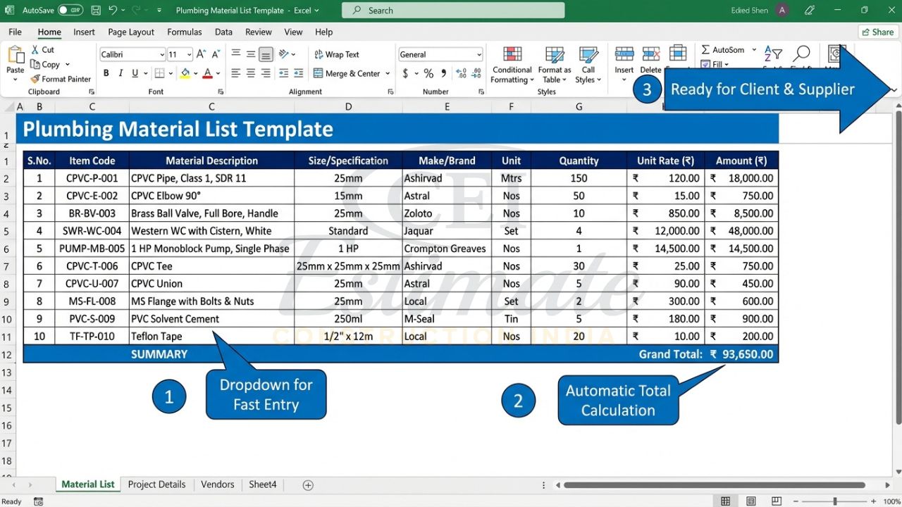 Detailed plumbing material list template Excel showing item description, quantity, rate and total amount