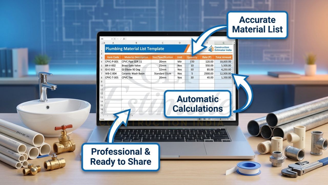 Professional plumbing material list template Excel for Indian contractors with automatic calculations