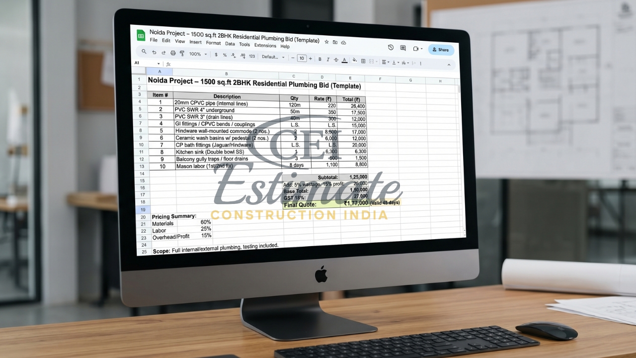 Residential plumbing bid template on desktop showing itemized costs and materials.
