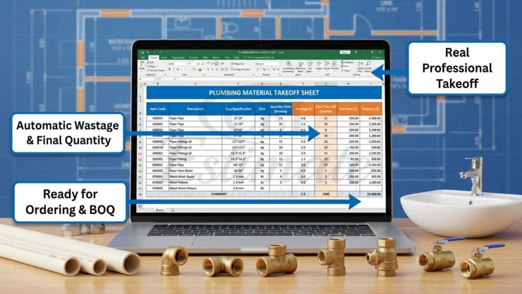 Professional plumbing material takeoff sheet example Excel template showing accurate quantity calculation for Indian contractors