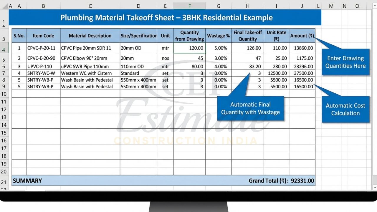 Real plumbing material takeoff sheet example with columns for description, quantity, wastage and final take-off quantity