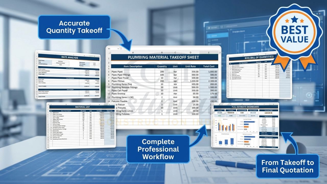 Complete plumbing pro template bundle including professional material takeoff sheet for Indian contractors
