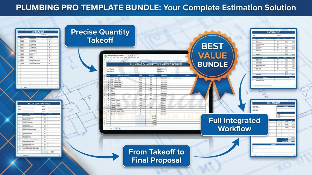 Complete plumbing pro template bundle including quantity take-off worksheets, rate analysis and BOQ templates for Indian contractors