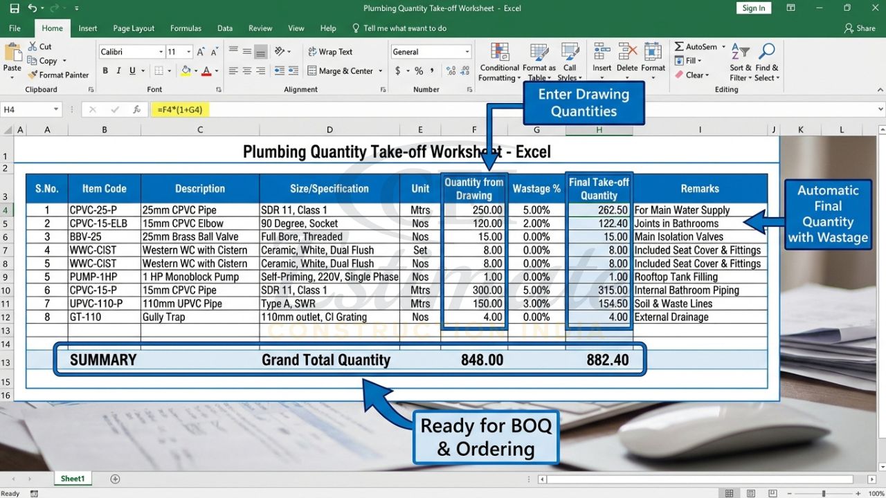 Detailed plumbing quantity take-off worksheet Excel showing drawing quantities, wastage percentage and final take-off quantity