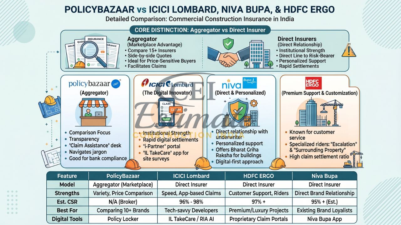 PolicyBazaar vs ICICI Lombard vs HDFC ERGO vs Niva Bupa construction insurance comparison India aggregator vs insurer